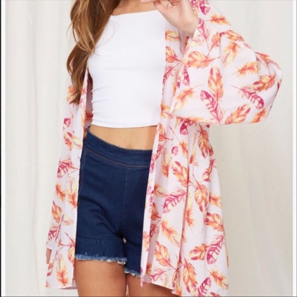 Pink Boho Feather Kimono Cardigan - Picture 3 of 8